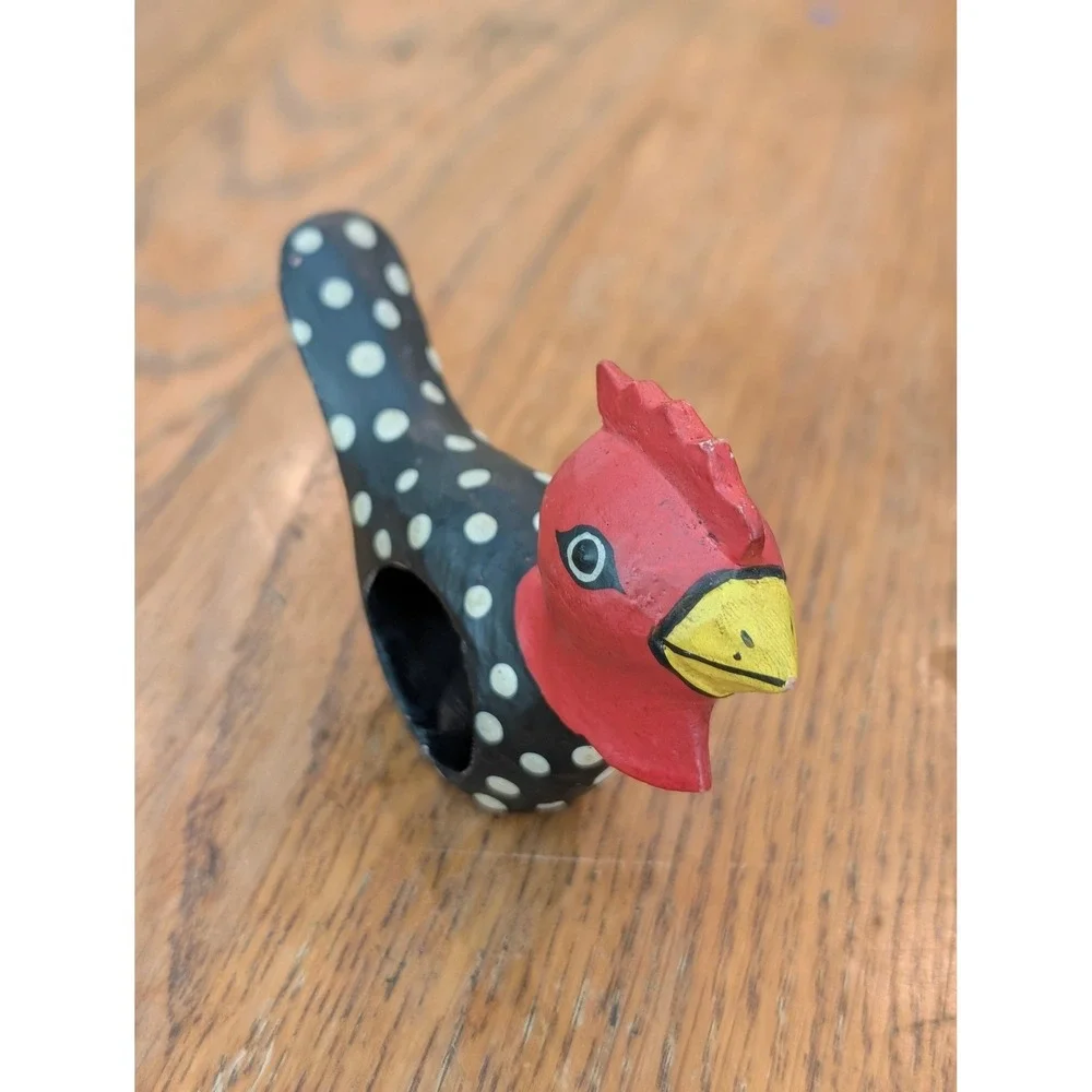 Vintage‎ Hand Painted Wooden Chicken Napkin Rings 4 Black Polka Dot Folk Art